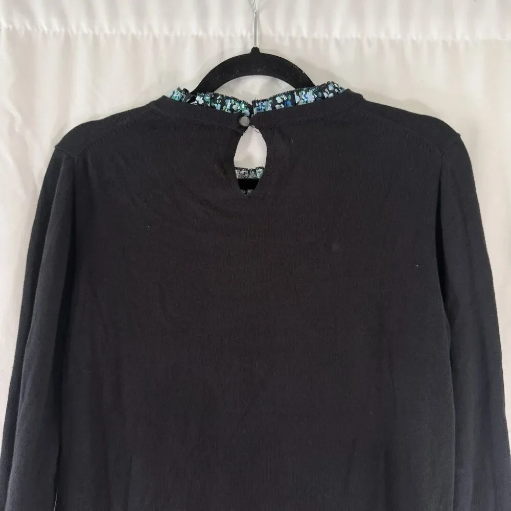 J. Crew Sweater Women's Large Black Ruffle Trim Long Sleeve Knit Hook Loop